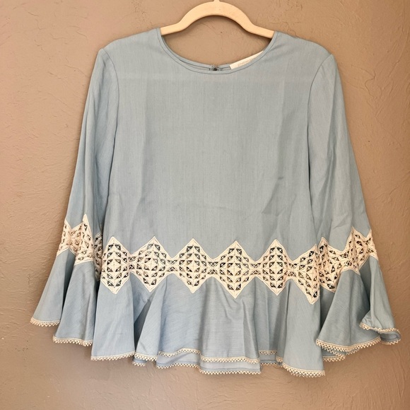 Jonathan Simkhai Light Blue & Cream Bell Sleeve Top - Picture 2 of 6